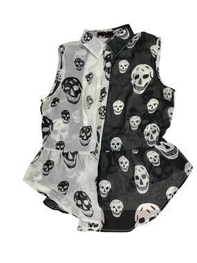 lulamari Sheer Chiffon Skull Print Button-Front Collared Blouse Black/White M